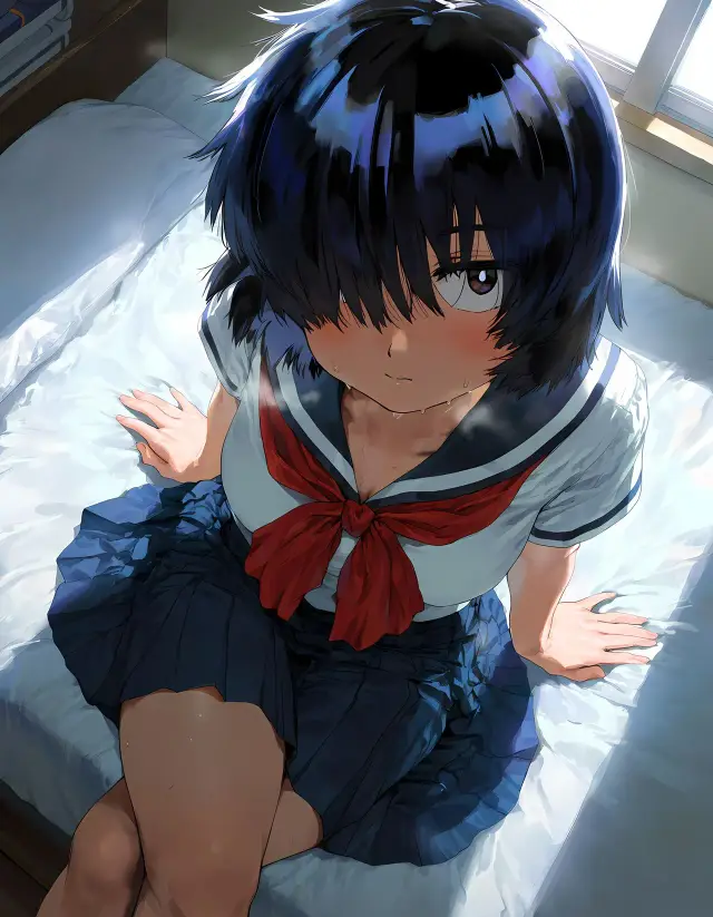 Mikoto Urabe — Nazo no Kanojo X, planche 2. eye-covering bang, bbm, dark skin, dilf