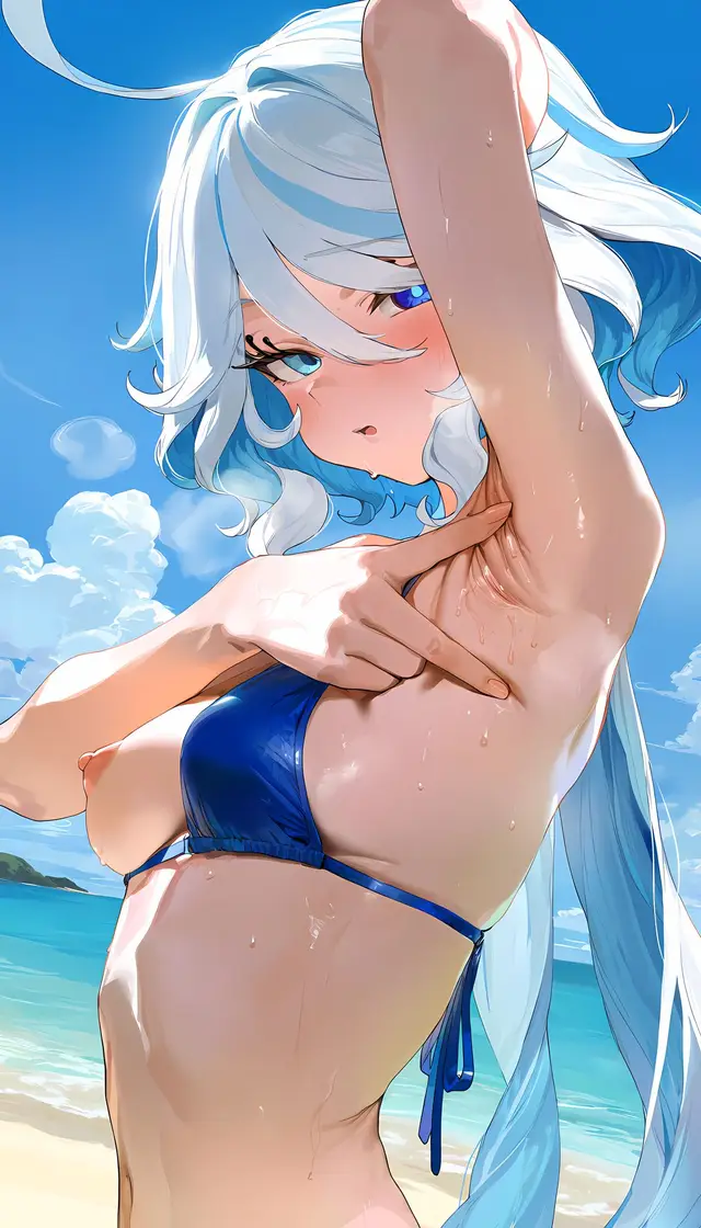 Focalors — Genshin Impact, planche 6. bikini, nakadashi, sole female, swimsuit, beach, bald