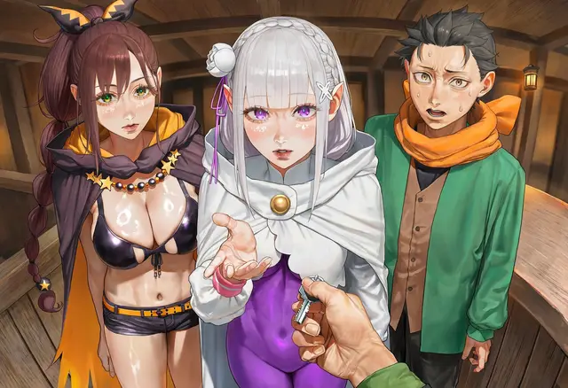Emilia, Shaula, Subaru Natsuki — Re Zero Kara Hajimeru Isekai Seikatsu, planche 2. ahegao, big ass, big breasts, blowjob, bodysuit