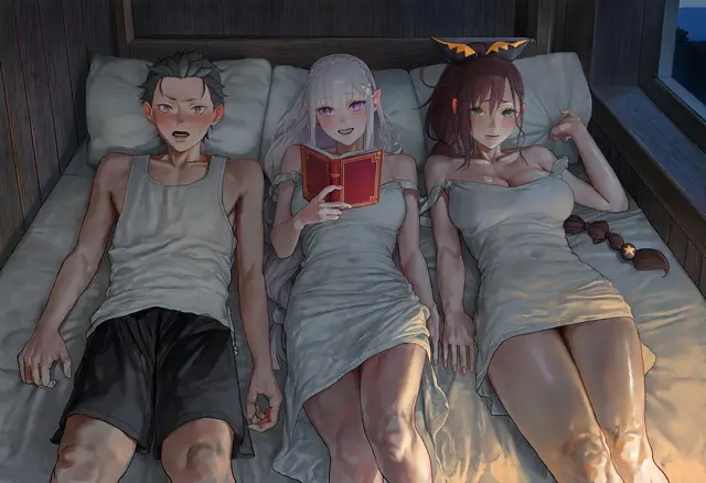 Emilia, Shaula, Subaru Natsuki — Re Zero Kara Hajimeru Isekai Seikatsu, planche 5. ahegao, big ass, big breasts, blowjob, bodysuit