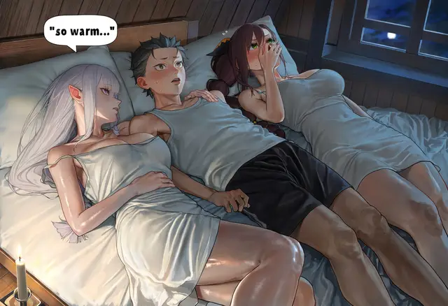 Emilia, Shaula, Subaru Natsuki — Re Zero Kara Hajimeru Isekai Seikatsu, planche 8. ahegao, big ass, big breasts, blowjob, bodysuit