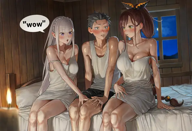 Emilia, Shaula, Subaru Natsuki — Re Zero Kara Hajimeru Isekai Seikatsu, planche 11. ahegao, big ass, big breasts, blowjob, bodysuit