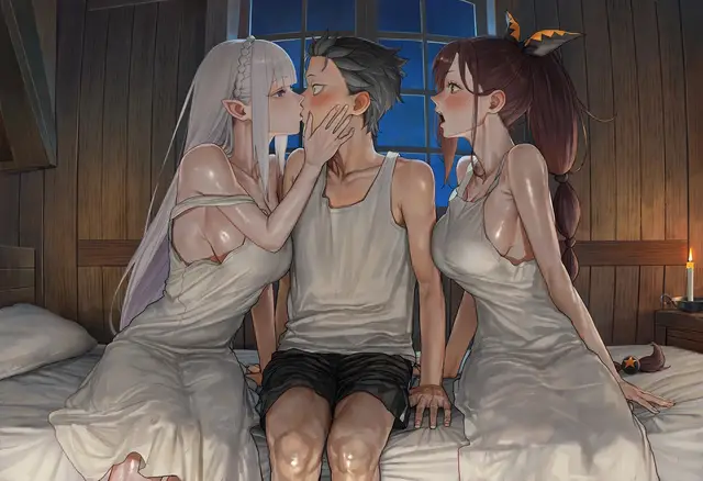 Emilia, Shaula, Subaru Natsuki — Re Zero Kara Hajimeru Isekai Seikatsu, planche 12. ahegao, big ass, big breasts, blowjob, bodysuit