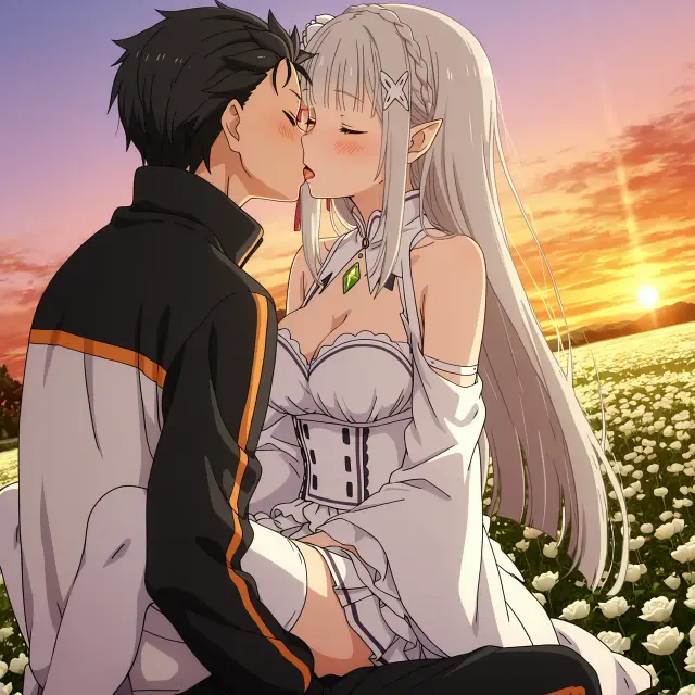 Emilia, Subaru Natsuki — Re Zero Kara Hajimeru Isekai Seikatsu, planche 4. ahegao, big ass, big breasts, blowjob, deepthroat, elf