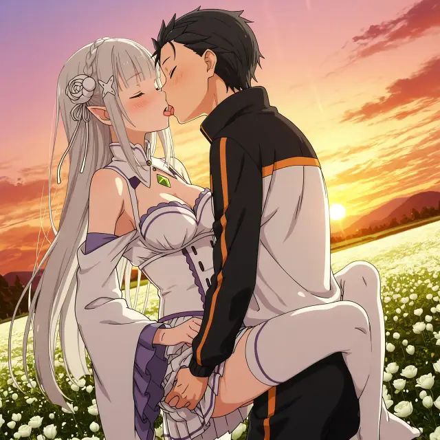 Emilia, Subaru Natsuki — Re Zero Kara Hajimeru Isekai Seikatsu, planche 7. ahegao, big ass, big breasts, blowjob, deepthroat, elf