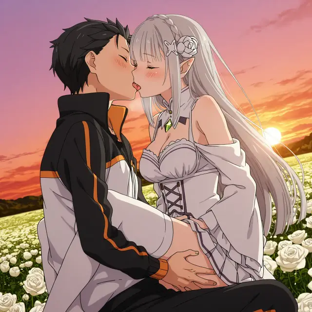 Emilia, Subaru Natsuki — Re Zero Kara Hajimeru Isekai Seikatsu, planche 8. ahegao, big ass, big breasts, blowjob, deepthroat, elf