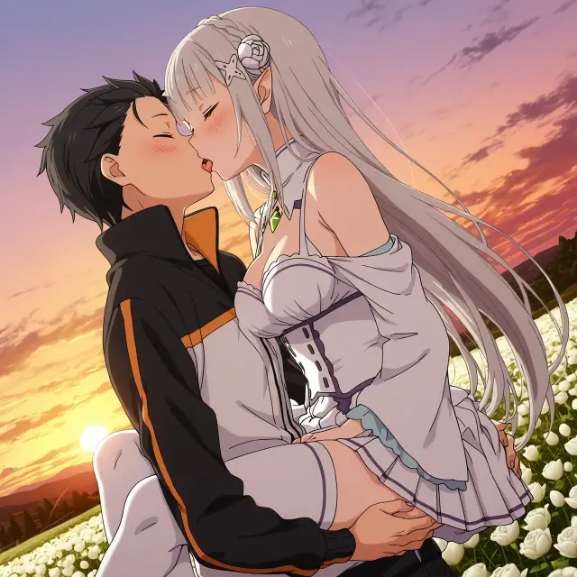 Emilia, Subaru Natsuki — Re Zero Kara Hajimeru Isekai Seikatsu, planche 10. ahegao, big ass, big breasts, blowjob, deepthroat, elf