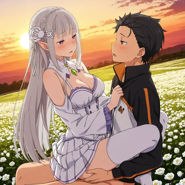 Emilia, Subaru Natsuki — Re Zero Kara Hajimeru Isekai Seikatsu, planche 12. ahegao, big ass, big breasts, blowjob, deepthroat, elf