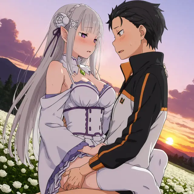Emilia, Subaru Natsuki — Re Zero Kara Hajimeru Isekai Seikatsu, planche 13. ahegao, big ass, big breasts, blowjob, deepthroat, elf