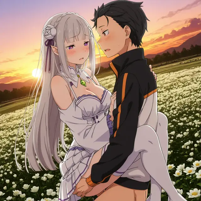 Emilia, Subaru Natsuki — Re Zero Kara Hajimeru Isekai Seikatsu, planche 14. ahegao, big ass, big breasts, blowjob, deepthroat, elf