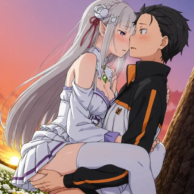 Emilia, Subaru Natsuki — Re Zero Kara Hajimeru Isekai Seikatsu, planche 15. ahegao, big ass, big breasts, blowjob, deepthroat, elf
