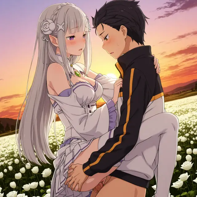 Emilia, Subaru Natsuki — Re Zero Kara Hajimeru Isekai Seikatsu, planche 16. ahegao, big ass, big breasts, blowjob, deepthroat, elf