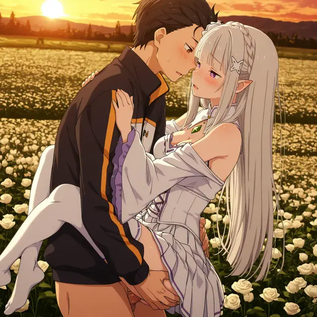 Emilia, Subaru Natsuki — Re Zero Kara Hajimeru Isekai Seikatsu, planche 17. ahegao, big ass, big breasts, blowjob, deepthroat, elf