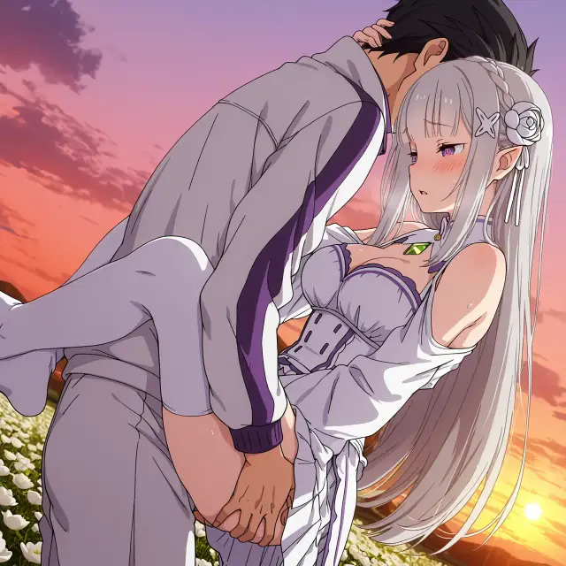 Emilia, Subaru Natsuki — Re Zero Kara Hajimeru Isekai Seikatsu, planche 18. ahegao, big ass, big breasts, blowjob, deepthroat, elf