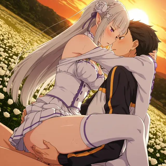 Emilia, Subaru Natsuki — Re Zero Kara Hajimeru Isekai Seikatsu, planche 19. ahegao, big ass, big breasts, blowjob, deepthroat, elf