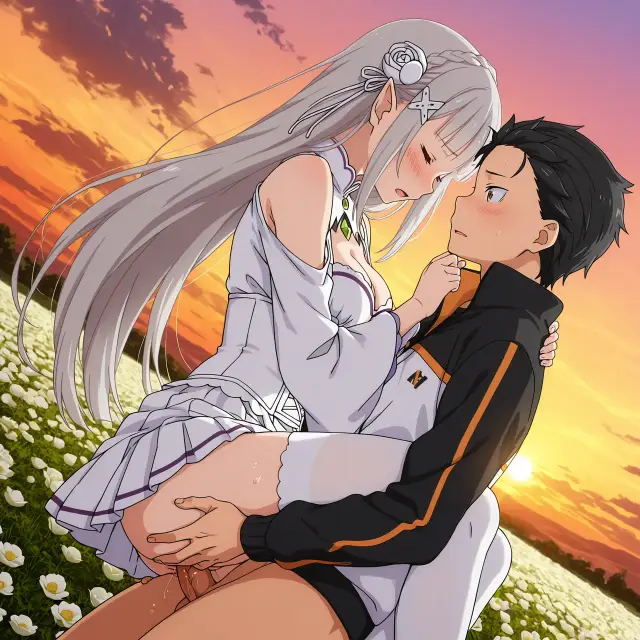 Emilia, Subaru Natsuki — Re Zero Kara Hajimeru Isekai Seikatsu, planche 20. ahegao, big ass, big breasts, blowjob, deepthroat, elf
