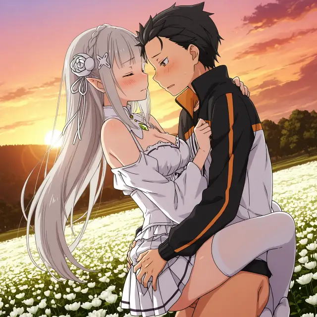 Emilia, Subaru Natsuki — Re Zero Kara Hajimeru Isekai Seikatsu, planche 21. ahegao, big ass, big breasts, blowjob, deepthroat, elf