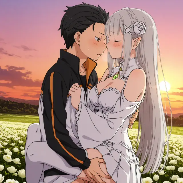 Emilia, Subaru Natsuki — Re Zero Kara Hajimeru Isekai Seikatsu, planche 22. ahegao, big ass, big breasts, blowjob, deepthroat, elf