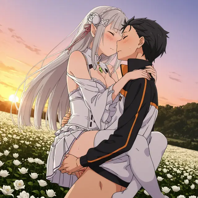 Emilia, Subaru Natsuki — Re Zero Kara Hajimeru Isekai Seikatsu, planche 23. ahegao, big ass, big breasts, blowjob, deepthroat, elf