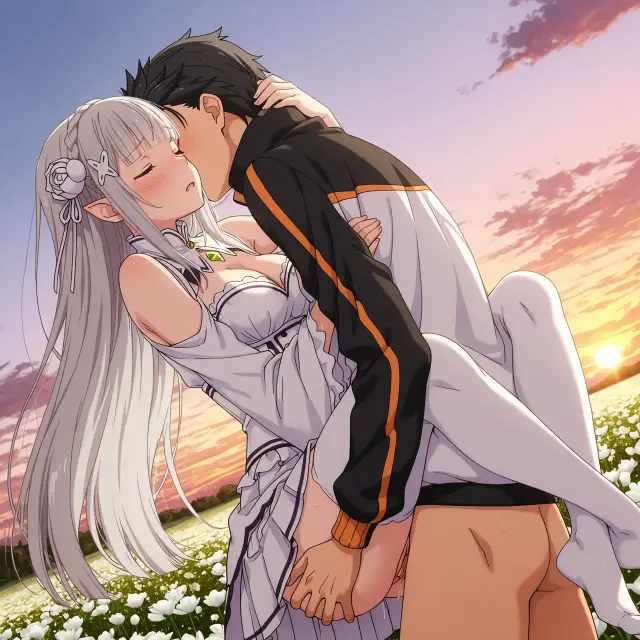 Emilia, Subaru Natsuki — Re Zero Kara Hajimeru Isekai Seikatsu, planche 24. ahegao, big ass, big breasts, blowjob, deepthroat, elf