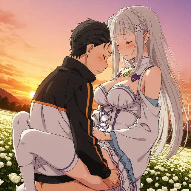 Emilia, Subaru Natsuki — Re Zero Kara Hajimeru Isekai Seikatsu, planche 25. ahegao, big ass, big breasts, blowjob, deepthroat, elf