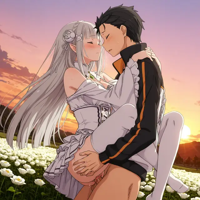 Emilia, Subaru Natsuki — Re Zero Kara Hajimeru Isekai Seikatsu, planche 26. ahegao, big ass, big breasts, blowjob, deepthroat, elf