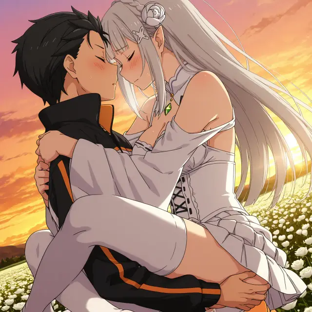 Emilia, Subaru Natsuki — Re Zero Kara Hajimeru Isekai Seikatsu, planche 27. ahegao, big ass, big breasts, blowjob, deepthroat, elf