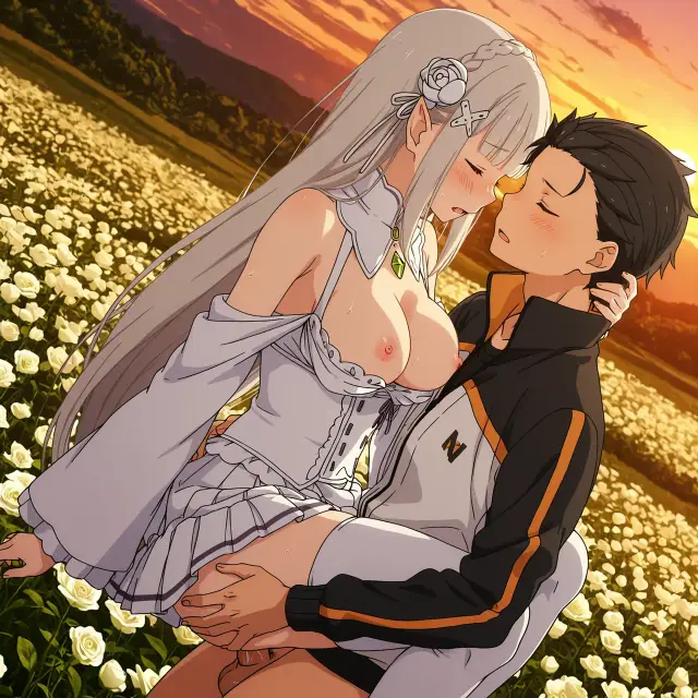 Emilia, Subaru Natsuki — Re Zero Kara Hajimeru Isekai Seikatsu, planche 32. ahegao, big ass, big breasts, blowjob, deepthroat, elf