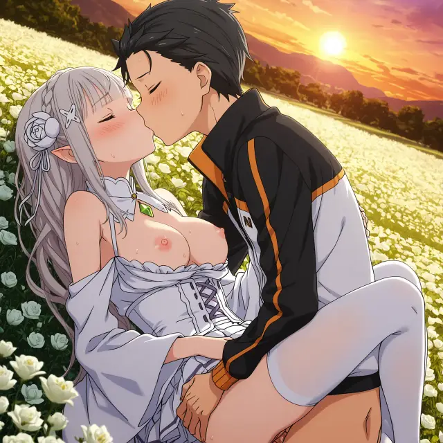 Emilia, Subaru Natsuki — Re Zero Kara Hajimeru Isekai Seikatsu, planche 36. ahegao, big ass, big breasts, blowjob, deepthroat, elf
