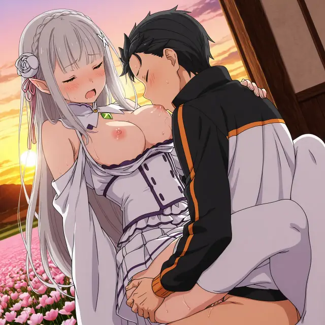 Emilia, Subaru Natsuki — Re Zero Kara Hajimeru Isekai Seikatsu, planche 38. ahegao, big ass, big breasts, blowjob, deepthroat, elf