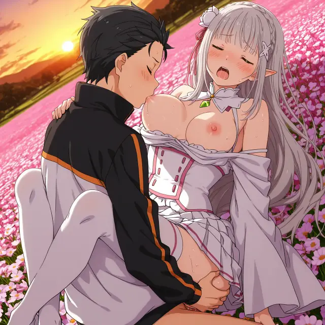 Emilia, Subaru Natsuki — Re Zero Kara Hajimeru Isekai Seikatsu, planche 42. ahegao, big ass, big breasts, blowjob, deepthroat, elf