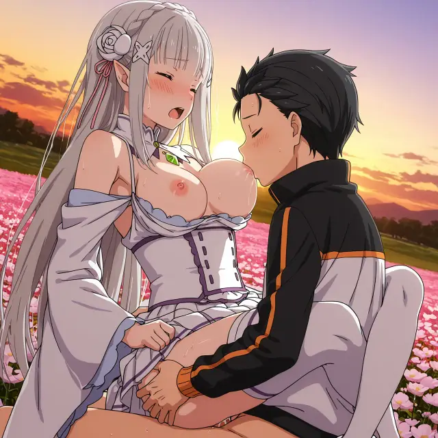 Emilia, Subaru Natsuki — Re Zero Kara Hajimeru Isekai Seikatsu, planche 43. ahegao, big ass, big breasts, blowjob, deepthroat, elf