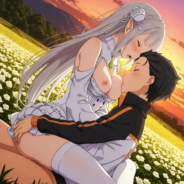Emilia, Subaru Natsuki — Re Zero Kara Hajimeru Isekai Seikatsu, planche 44. ahegao, big ass, big breasts, blowjob, deepthroat, elf