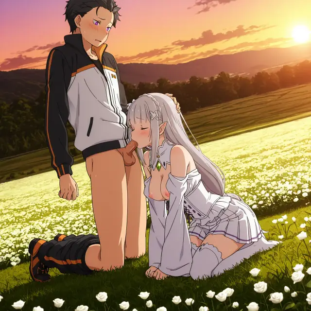 Emilia, Subaru Natsuki — Re Zero Kara Hajimeru Isekai Seikatsu, planche 46. ahegao, big ass, big breasts, blowjob, deepthroat, elf