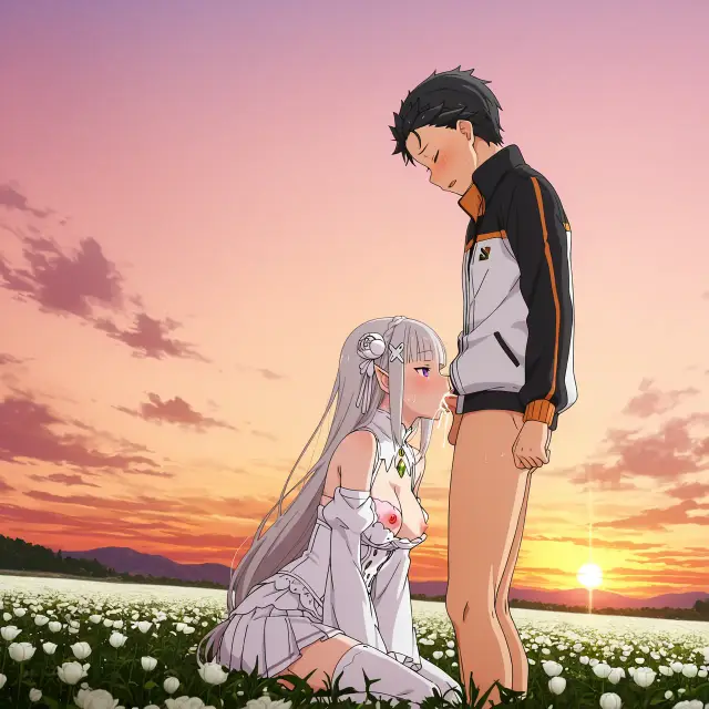 Emilia, Subaru Natsuki — Re Zero Kara Hajimeru Isekai Seikatsu, planche 53. ahegao, big ass, big breasts, blowjob, deepthroat, elf
