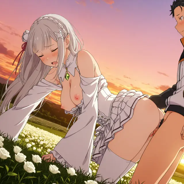 Emilia, Subaru Natsuki — Re Zero Kara Hajimeru Isekai Seikatsu, planche 59. ahegao, big ass, big breasts, blowjob, deepthroat, elf