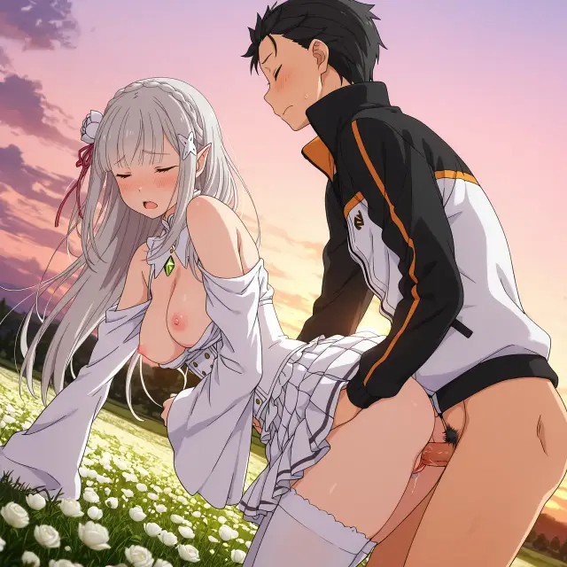 Emilia, Subaru Natsuki — Re Zero Kara Hajimeru Isekai Seikatsu, planche 61. ahegao, big ass, big breasts, blowjob, deepthroat, elf