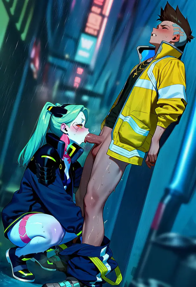 David Martinez, Rebecca — Cyberpunk, planche 9. ahegao, anal, anal intercourse, blowjob, dark sclera, nakadashi
