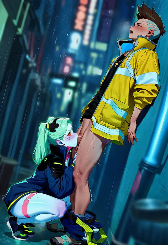 David Martinez, Rebecca — Cyberpunk, planche 10. ahegao, anal, anal intercourse, blowjob, dark sclera, nakadashi