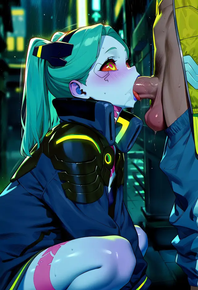 David Martinez, Rebecca — Cyberpunk, planche 12. ahegao, anal, anal intercourse, blowjob, dark sclera, nakadashi