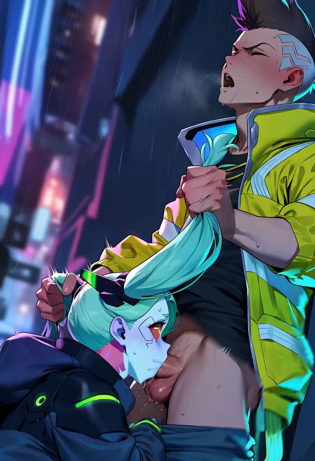 David Martinez, Rebecca — Cyberpunk, planche 23. ahegao, anal, anal intercourse, blowjob, dark sclera, nakadashi