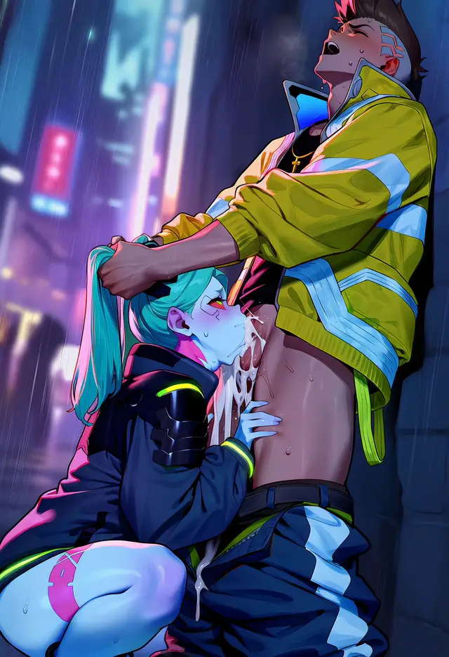 David Martinez, Rebecca — Cyberpunk, planche 24. ahegao, anal, anal intercourse, blowjob, dark sclera, nakadashi